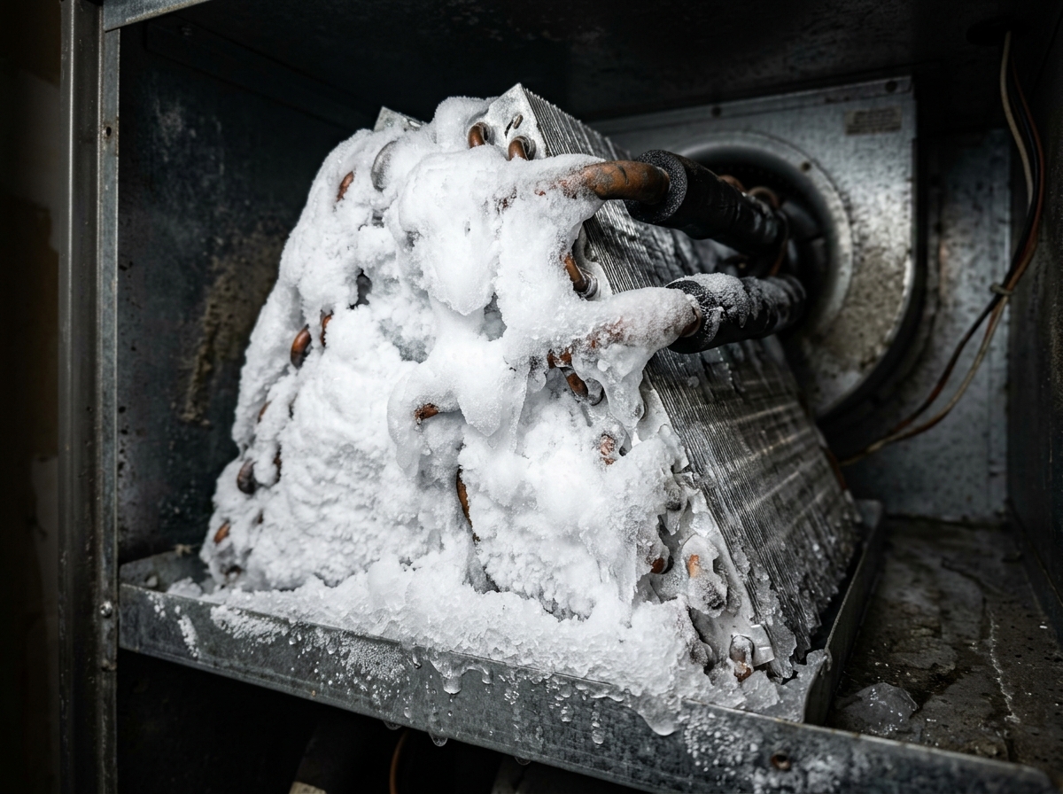 frozen evaporator coils on an AC unit requiring repair - air conditioning repair ogden