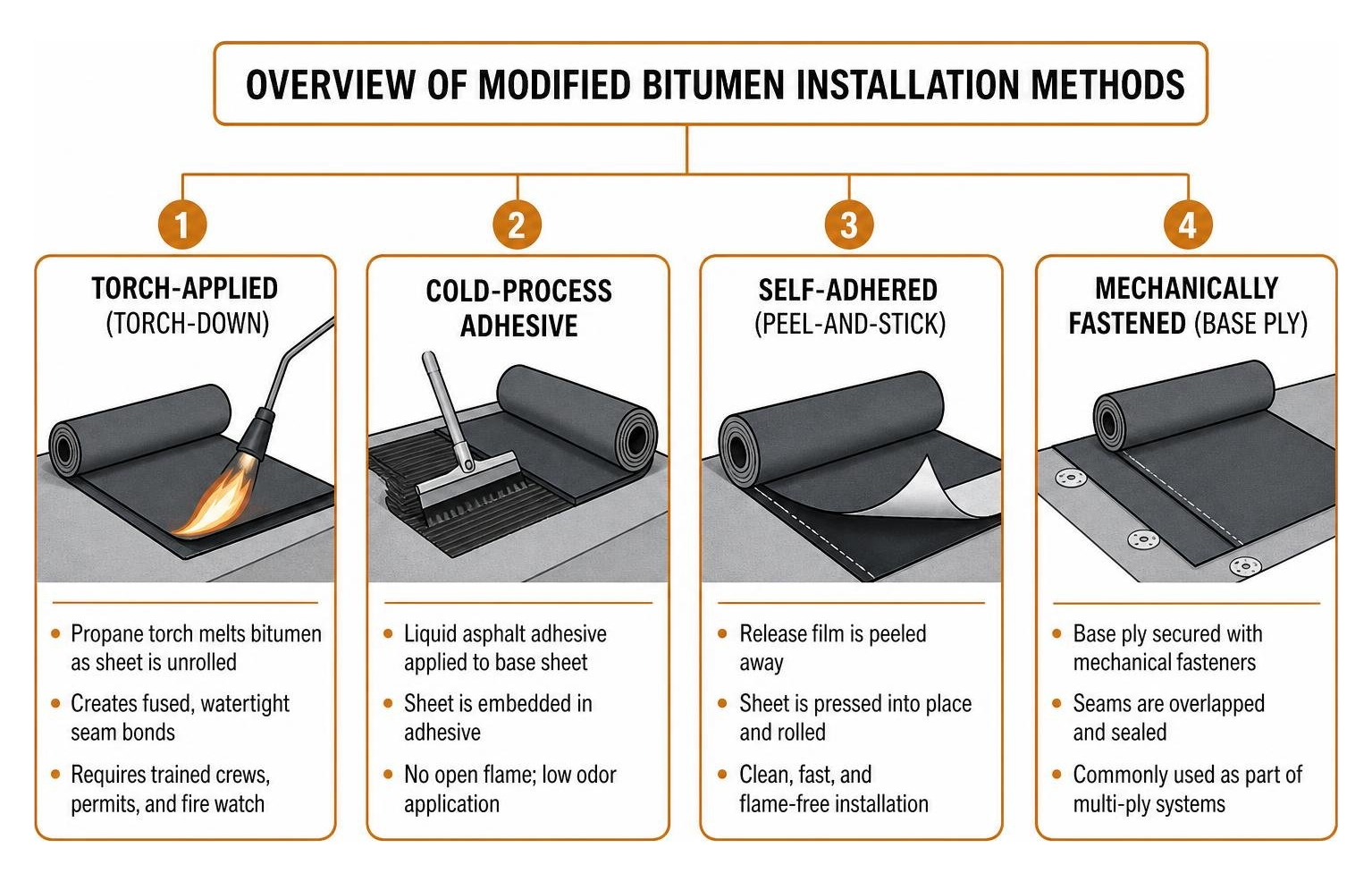 Overview of modified bitumen installation methods Overview of modified bitumen installation methods