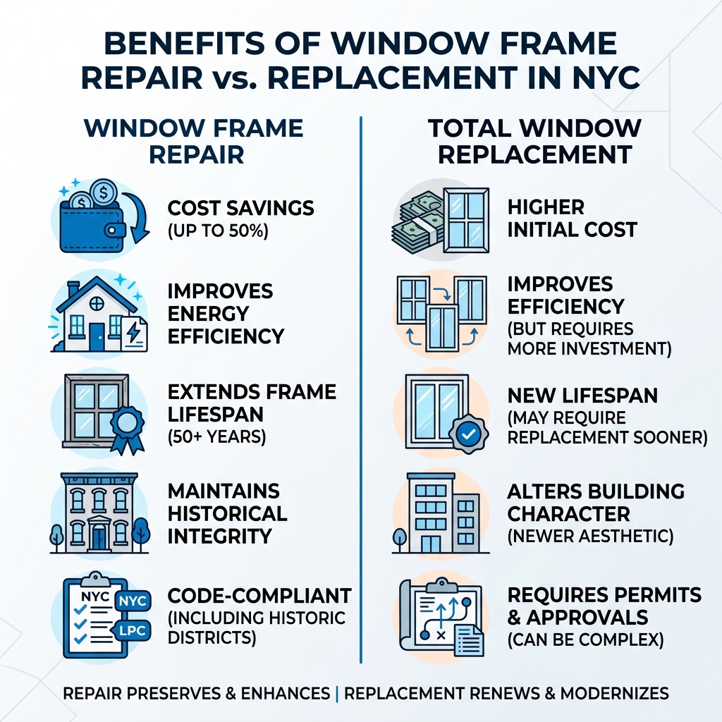 Benefits of Window Frame Repair vs. Replacement NYC - Window frame repair NYC infographic Benefits of Window Frame Repair vs. Replacement NYC - Window frame repair NYC infographic