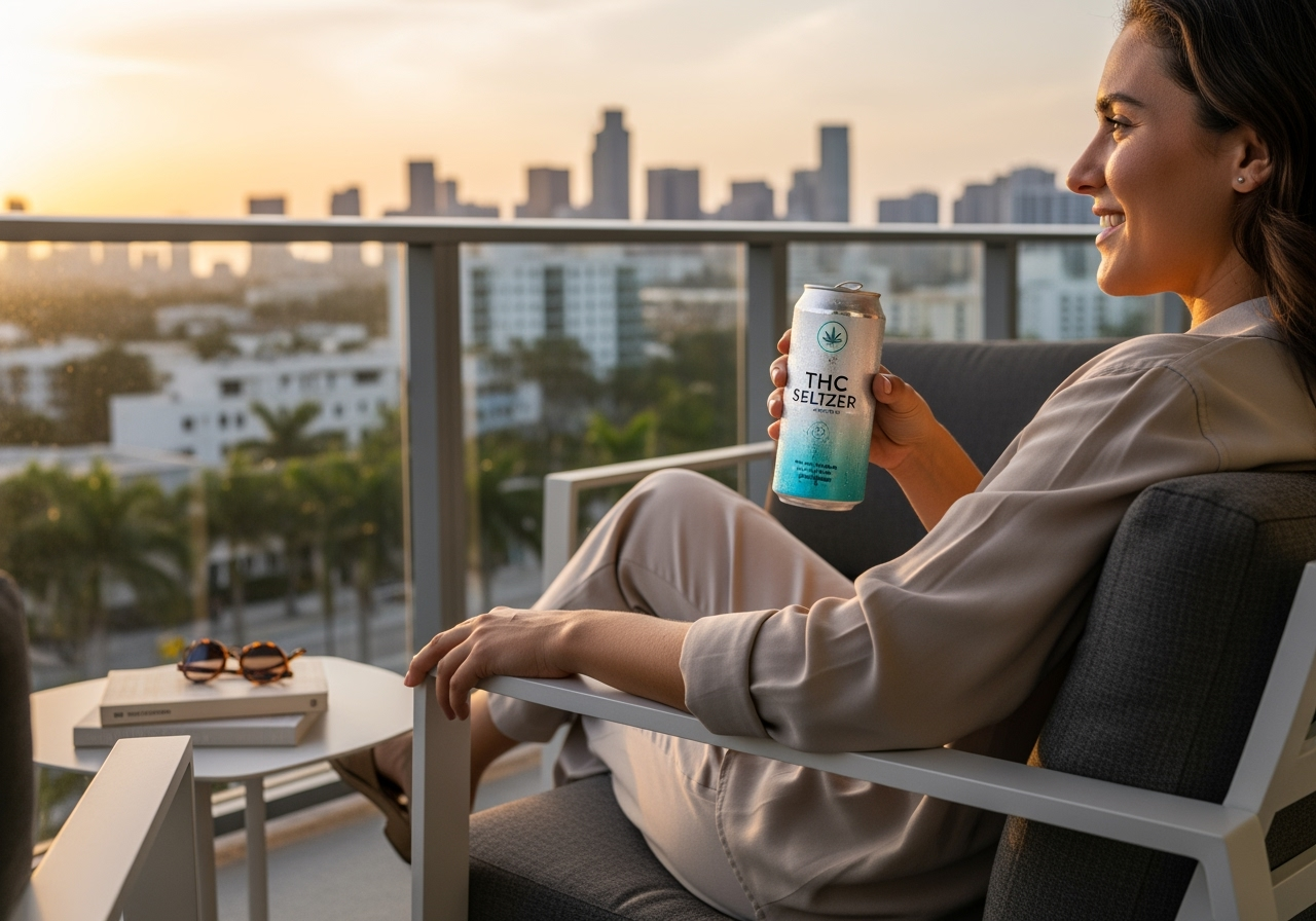 someone enjoying a THC seltzer on a balcony overlooking the Hollywood, FL skyline - top rated THC someone enjoying a THC seltzer on a balcony overlooking the Hollywood, FL skyline - top rated THC