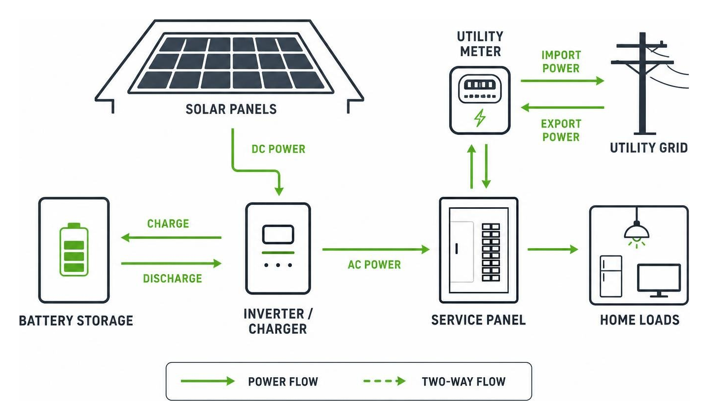 Diagram of standard residential solar plus battery storage physical integration and power flow