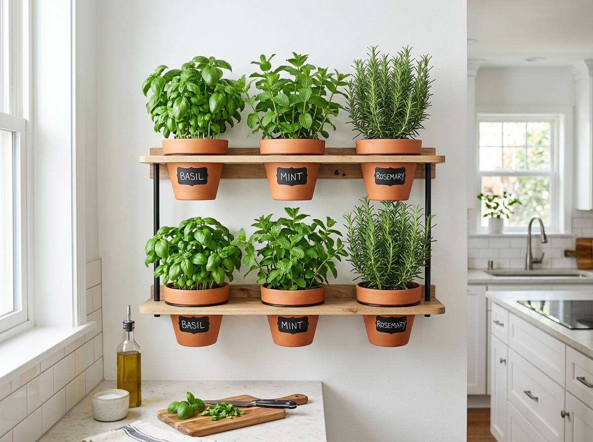A lush kitchen herb wall featuring basil, mint, and rosemary in mounted pots - diy indoor wall planter ideas A lush kitchen herb wall featuring basil, mint, and rosemary in mounted pots - diy indoor wall planter ideas