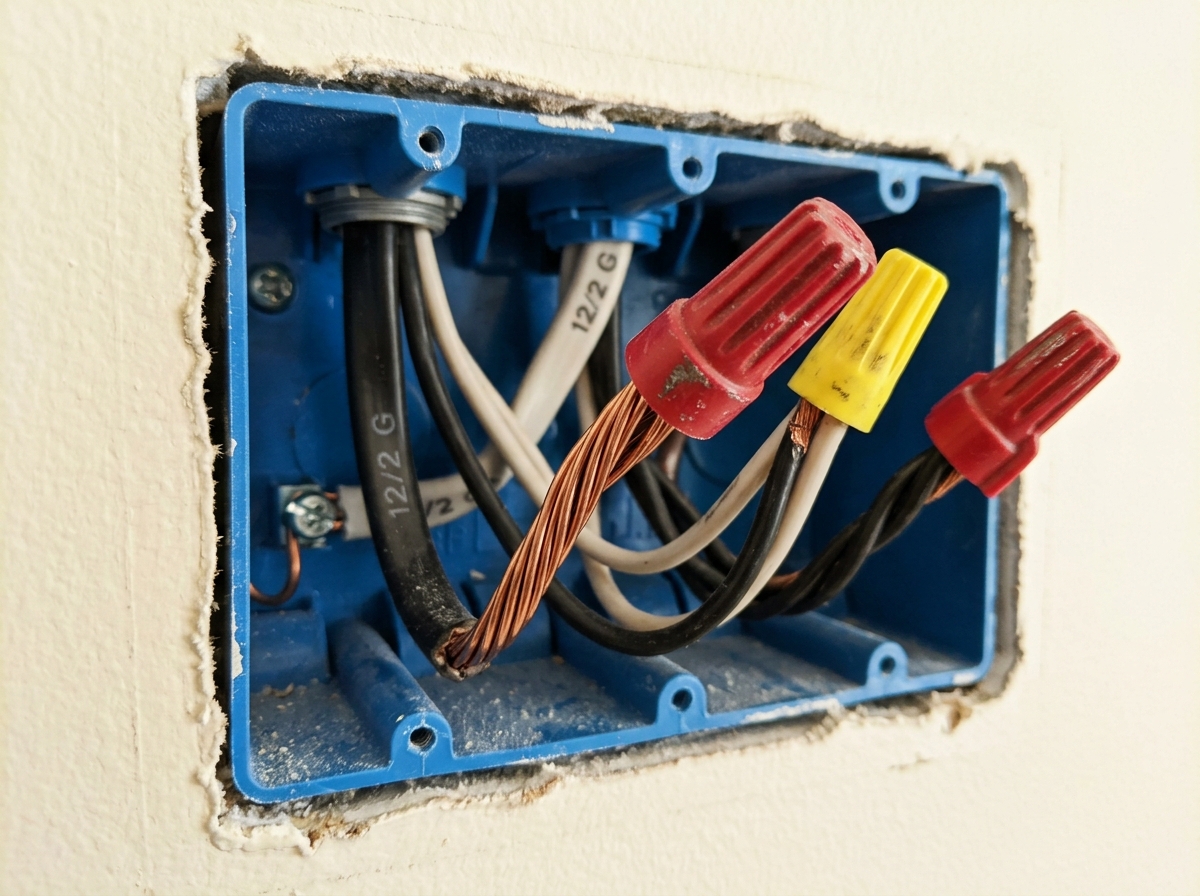 thick 12-gauge copper wires in a thermostat gang box - high voltage thermostat wiring