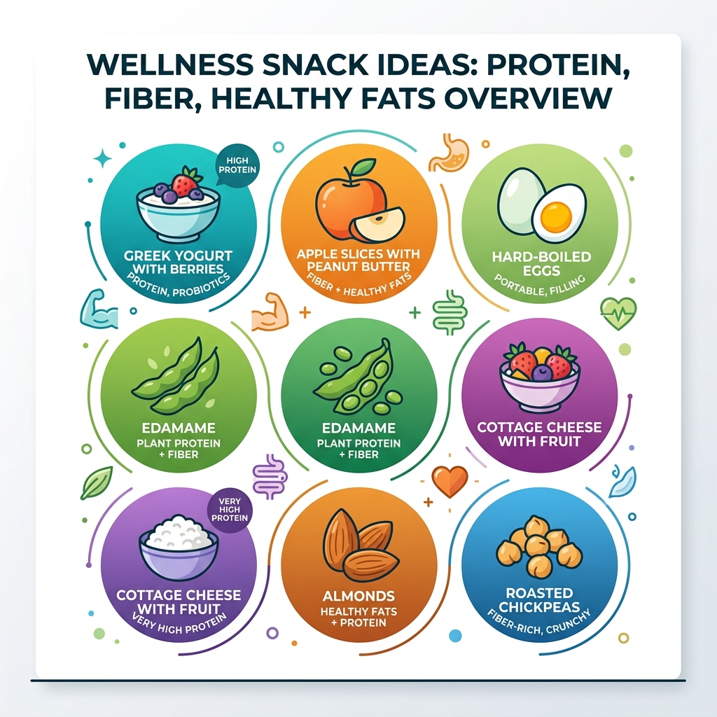 Top wellness snack ideas with protein, fiber, and healthy fats overview - wellness snack ideas infographic 