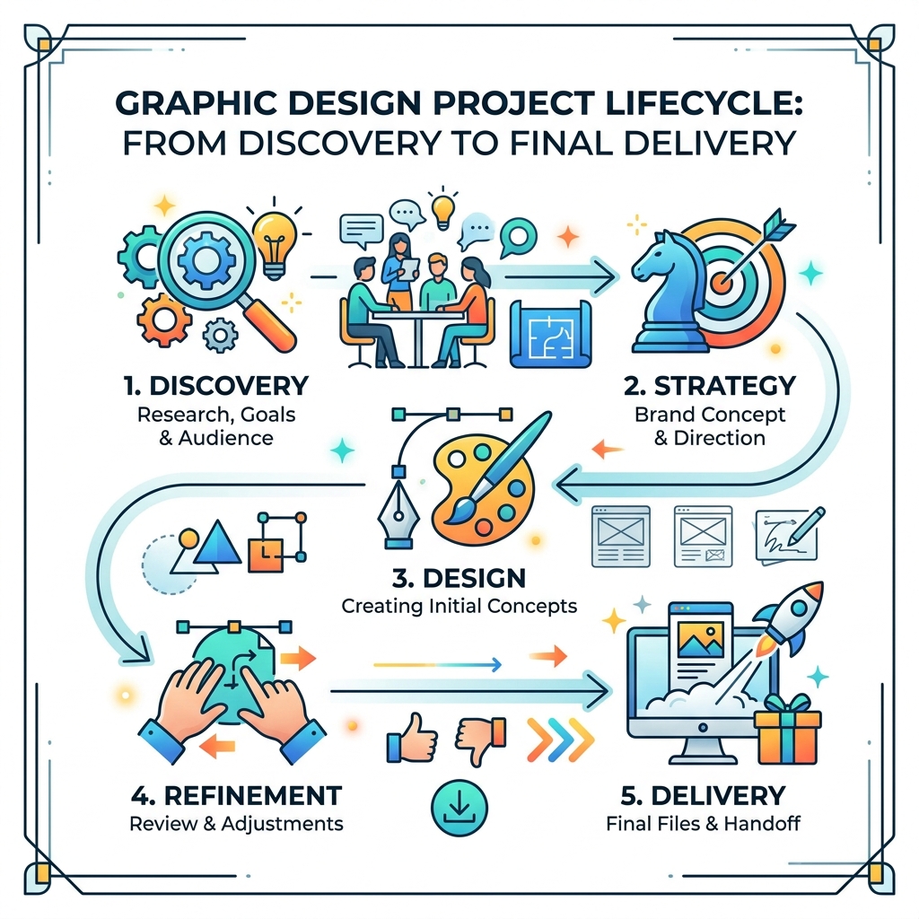 Graphic design project lifecycle from discovery to final delivery infographic - graphic design agencies near me infographic Graphic design project lifecycle from discovery to final delivery infographic - graphic design agencies near me infographic