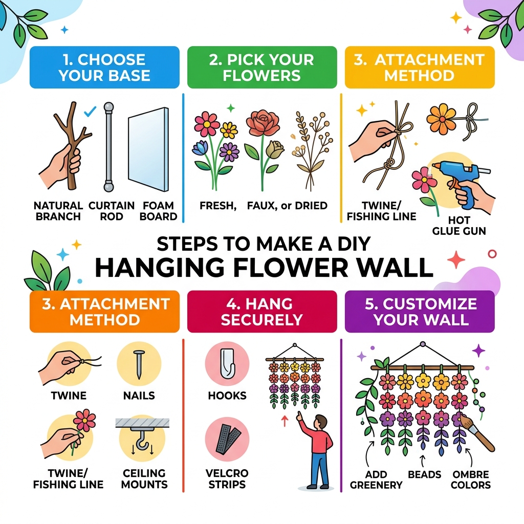 Steps to make a DIY hanging flower wall: base, flowers, attachment method, hanging, and customization - diy hanging flower