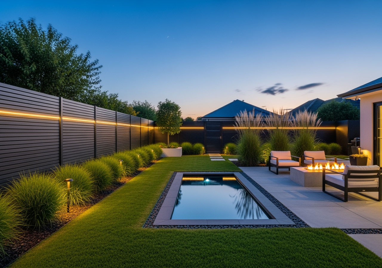 stunning modern backyard featuring a stylish feature fence and landscaped garden - Rendered brick fences