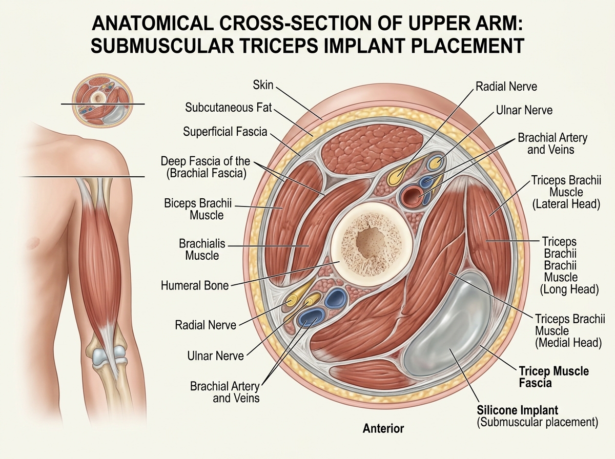Diagram showing the anatomical placement of tricep implants under the fascia - arm implants atlanta ga