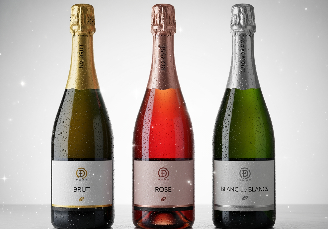 three bottles side-by-side: a classic Brut, a pink Rosé, and a pale Blanc de Blancs - California sparkling wine