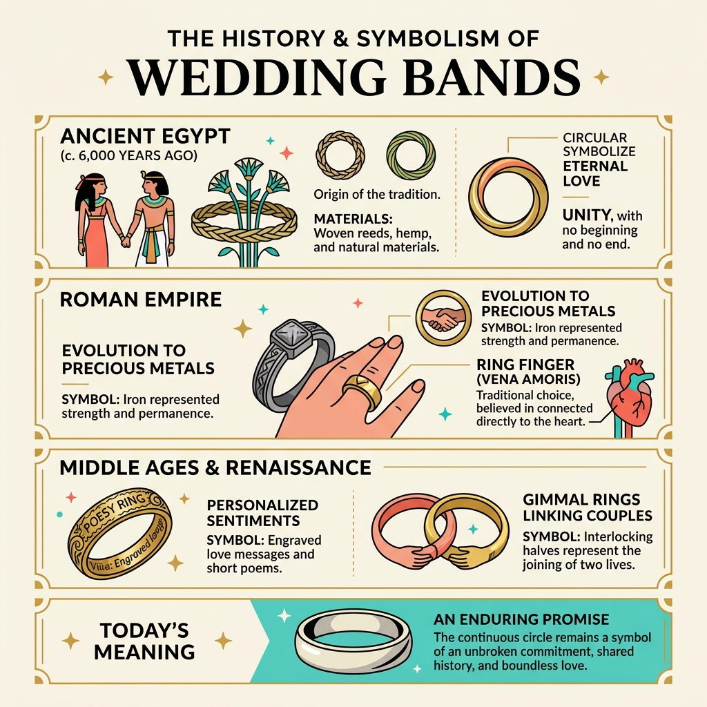 Infographic explaining the history and symbolism of wedding bands - inexpensive wedding bands for women infographic 