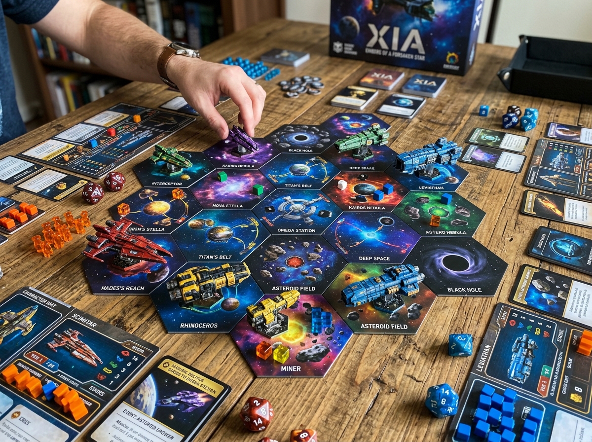 Xia: Embers of a Forsaken Star components showing new ships and sector tiles - best board game expansions of all time Xia: Embers of a Forsaken Star components showing new ships and sector tiles - best board game expansions of all time