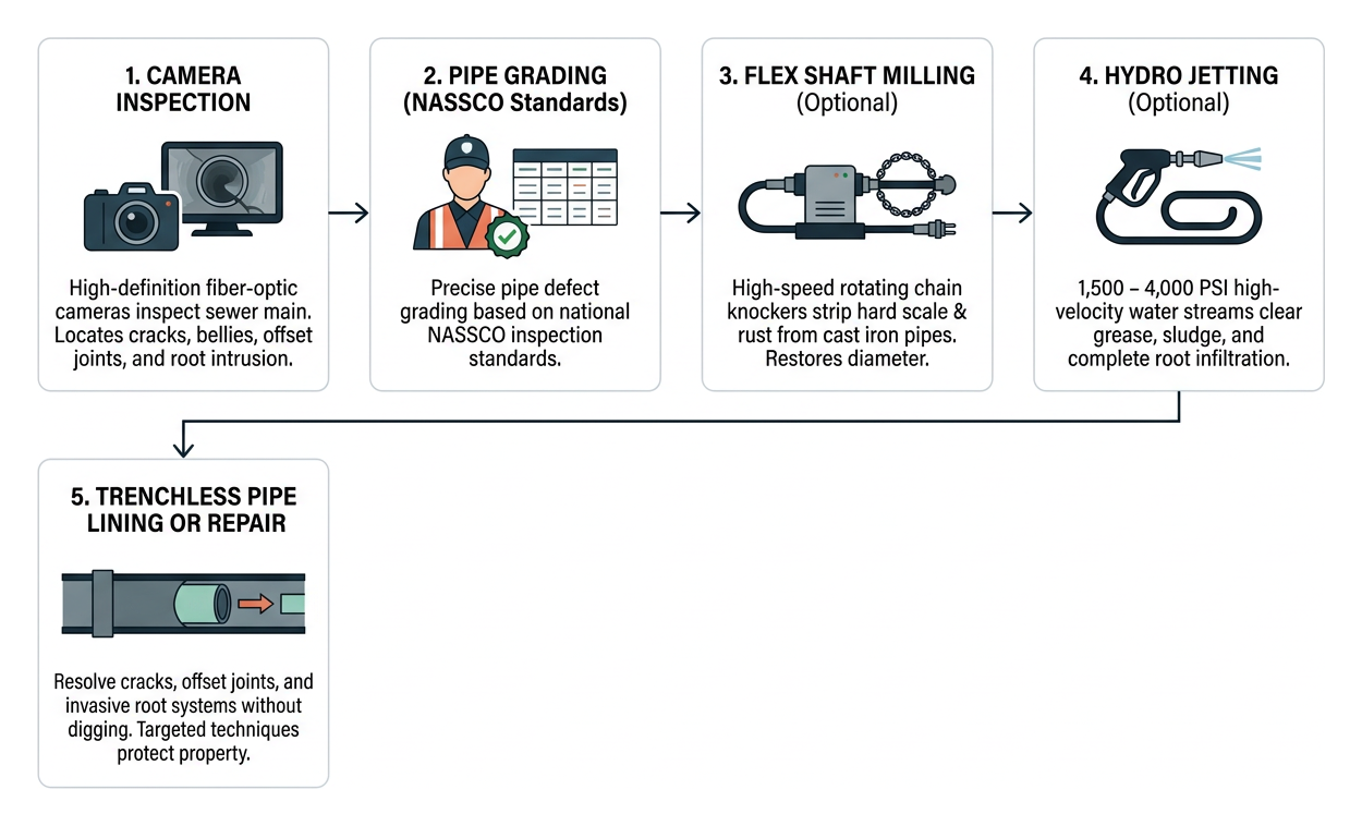 Step-by-step sewer diagnostic and repair sequence