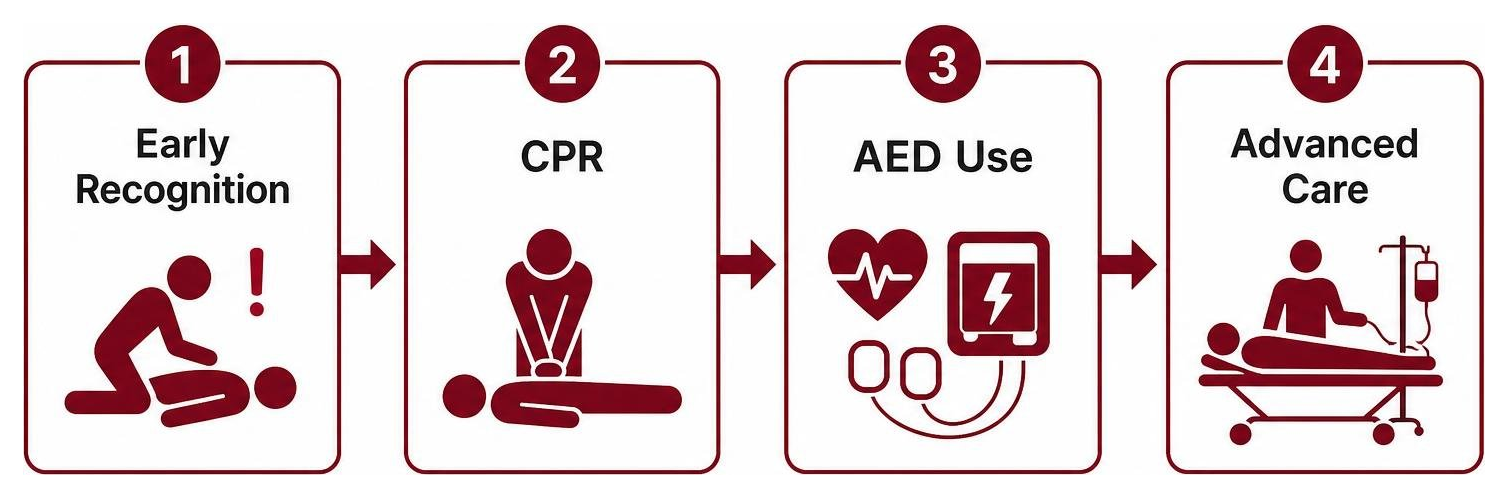 Diagram showing the emergency response sequence of early recognition, CPR, AED use, and advanced care