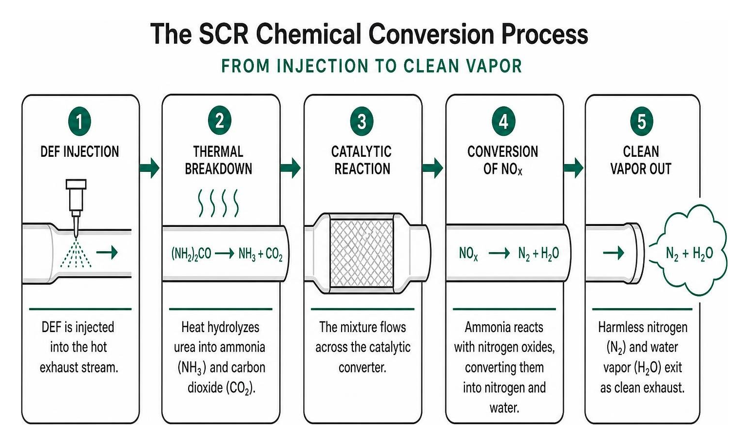 The SCR chemical conversion process from injection to clean vapor The SCR chemical conversion process from injection to clean vapor