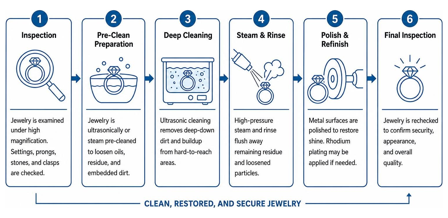 Step-by-step professional jewelry cleaning and restoration process diagram Step-by-step professional jewelry cleaning and restoration process diagram