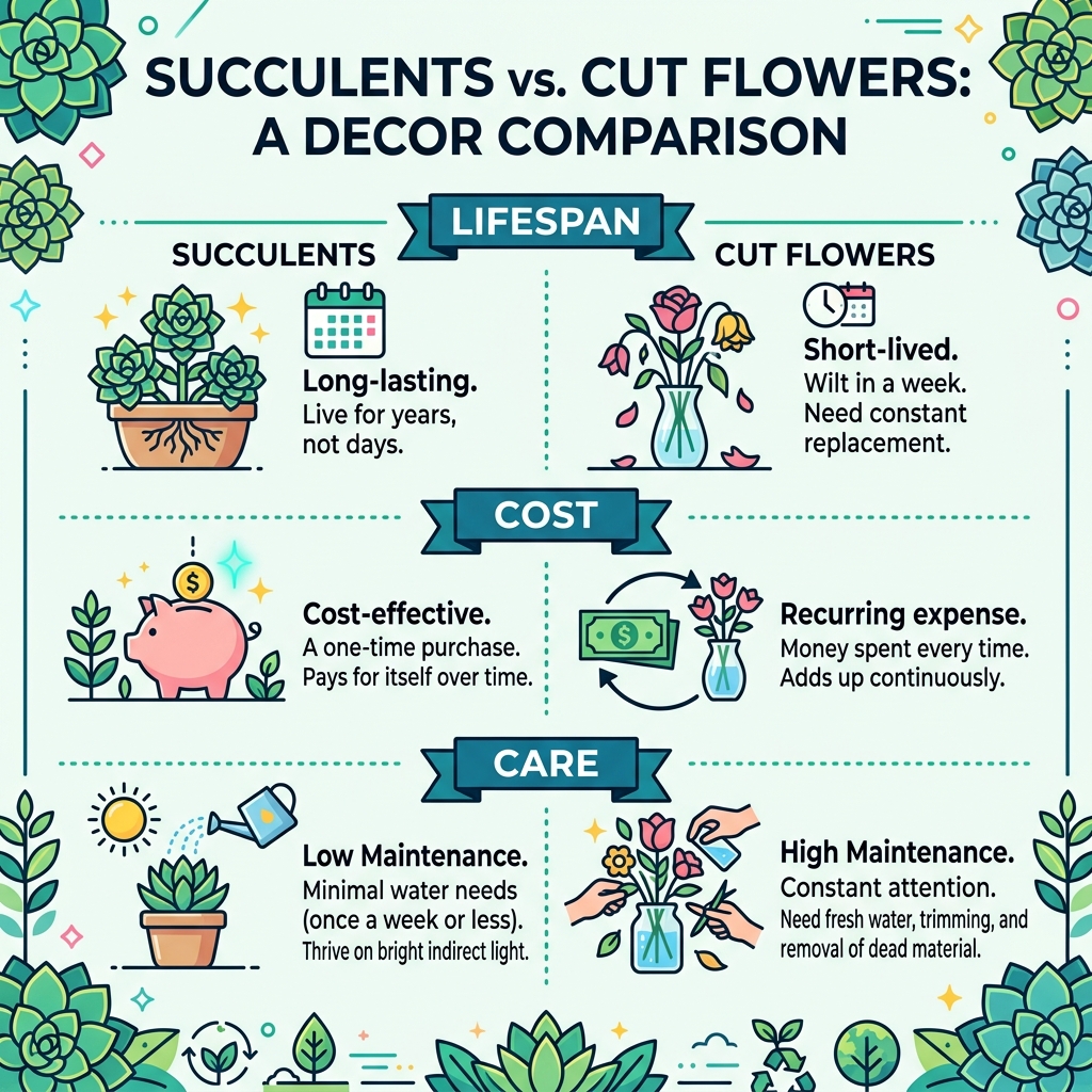 Benefits of succulents vs cut flowers infographic showing lifespan cost and care comparison - centerpieces with succulents