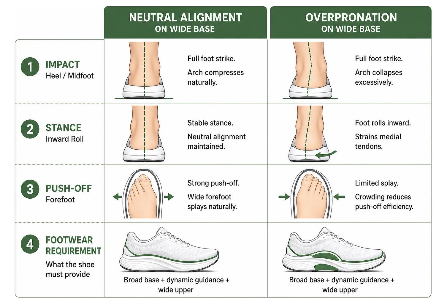 diagram comparing neutral foot alignment vs overpronation on wide shoe bases diagram comparing neutral foot alignment vs overpronation on wide shoe bases