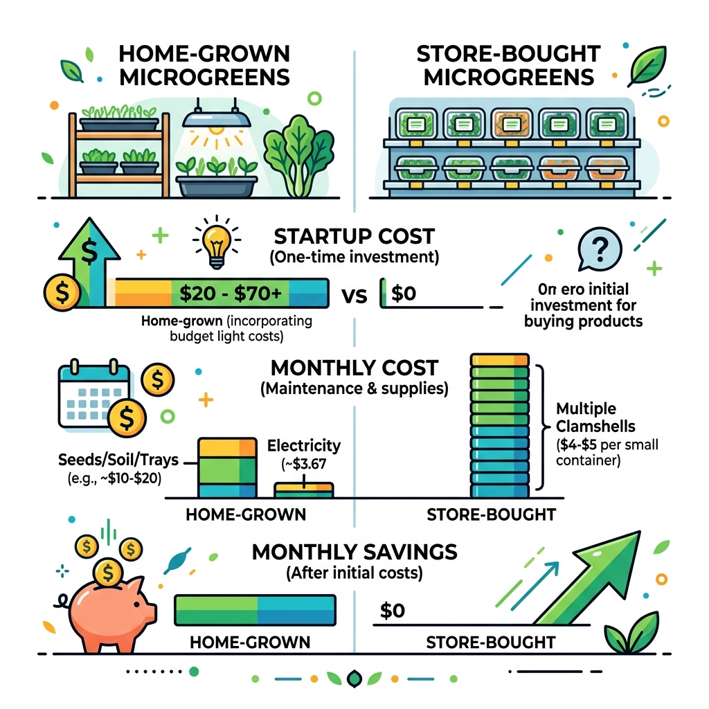 Cost comparison of home-grown microgreens vs store-bought: startup cost, monthly cost, monthly savings - affordable
