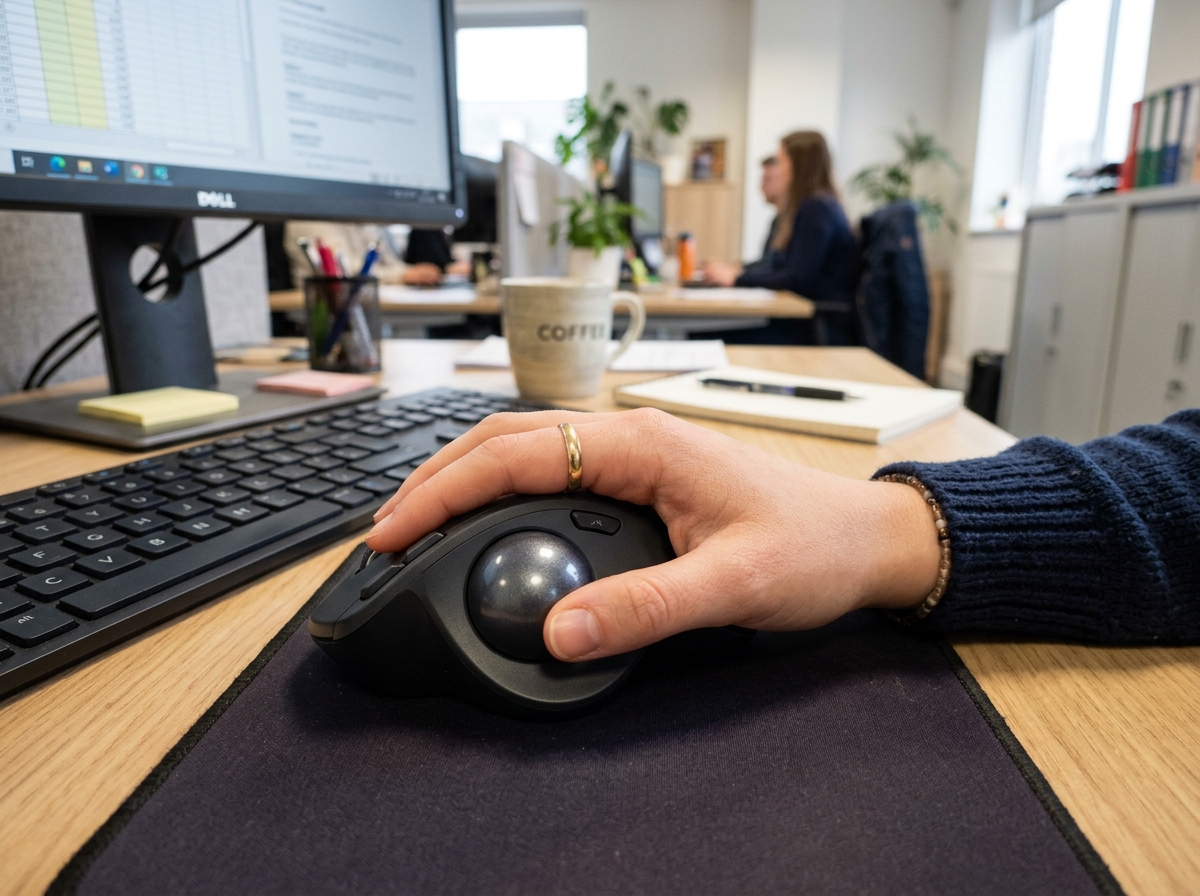 A thumb-controlled trackball being used by a person with small hands - best trackball mouse for small hands
