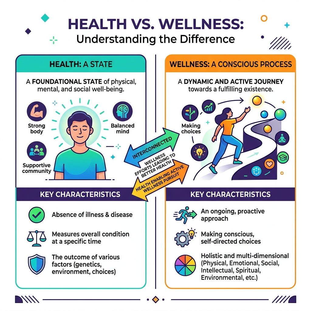 Infographic explaining the difference between health as a state and wellness as a conscious process - health and wellness