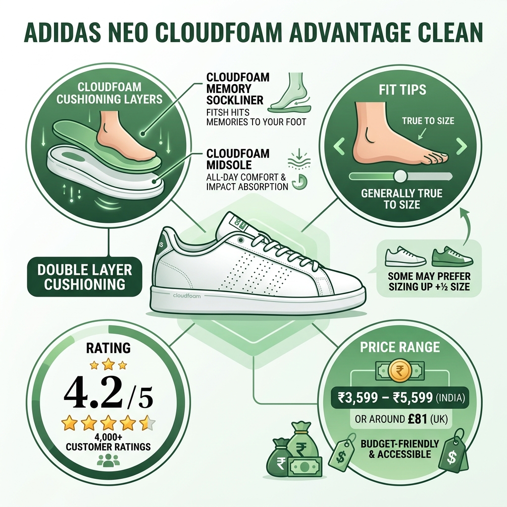 Infographic showing Cloudfoam cushioning layers, ratings, price range, and fit tips for Adidas Neo Cloudfoam Advantage Clean