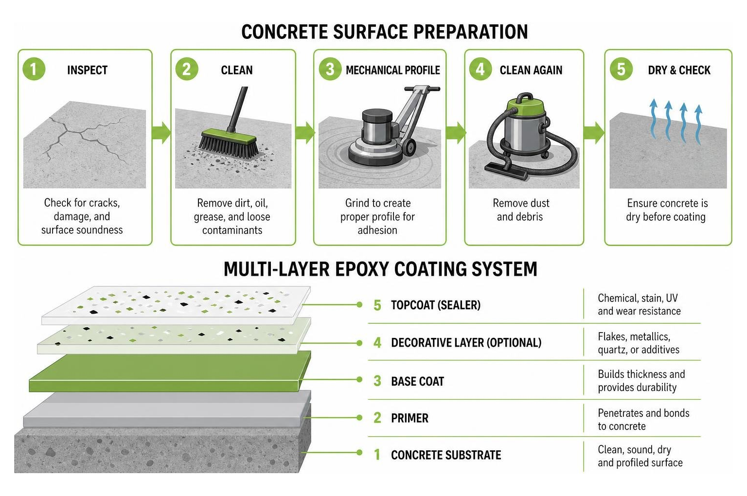 diagram of concrete surface preparation to multi-layer epoxy coating system