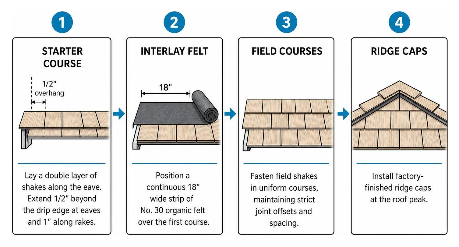 Step-by-step installation flow diagram from starter course to ridge caps Step-by-step installation flow diagram from starter course to ridge caps
