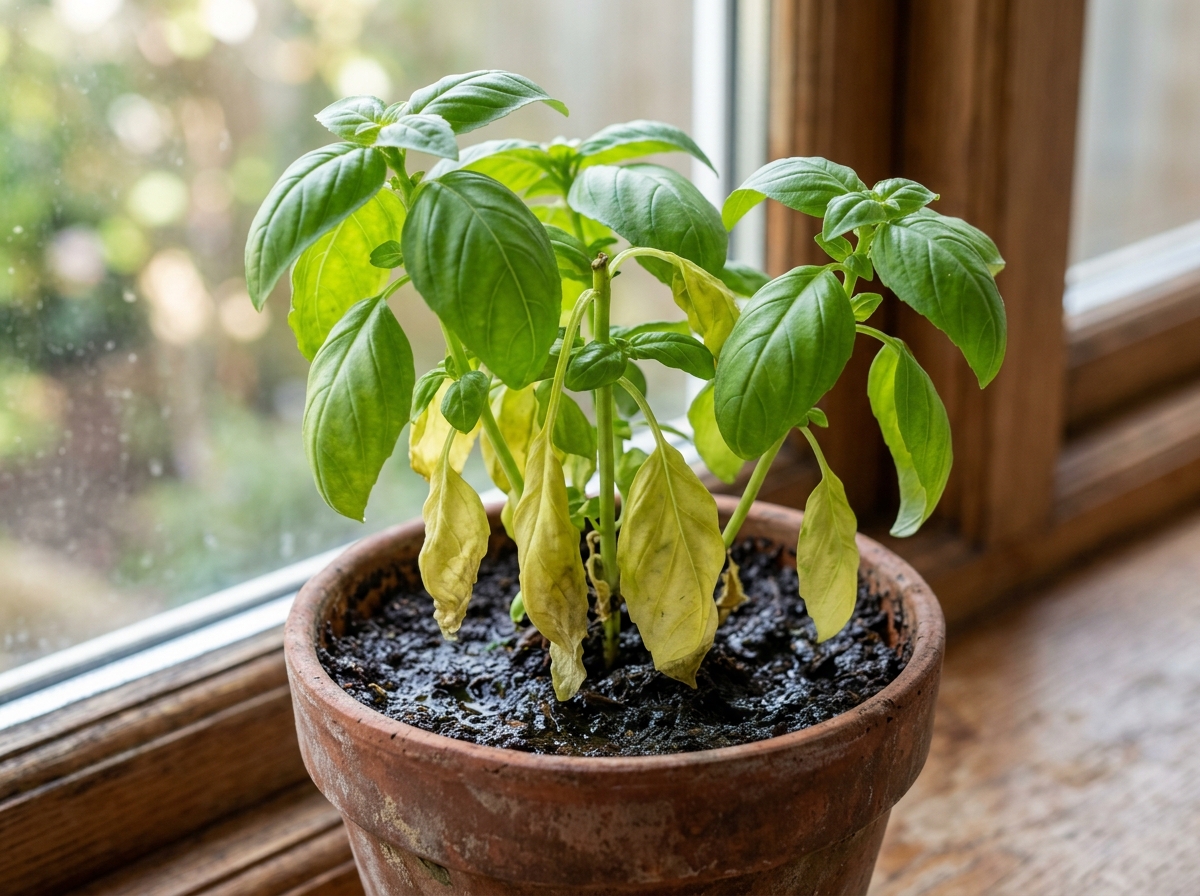 yellowing basil leaves from overwatering - overwatering signs herbs