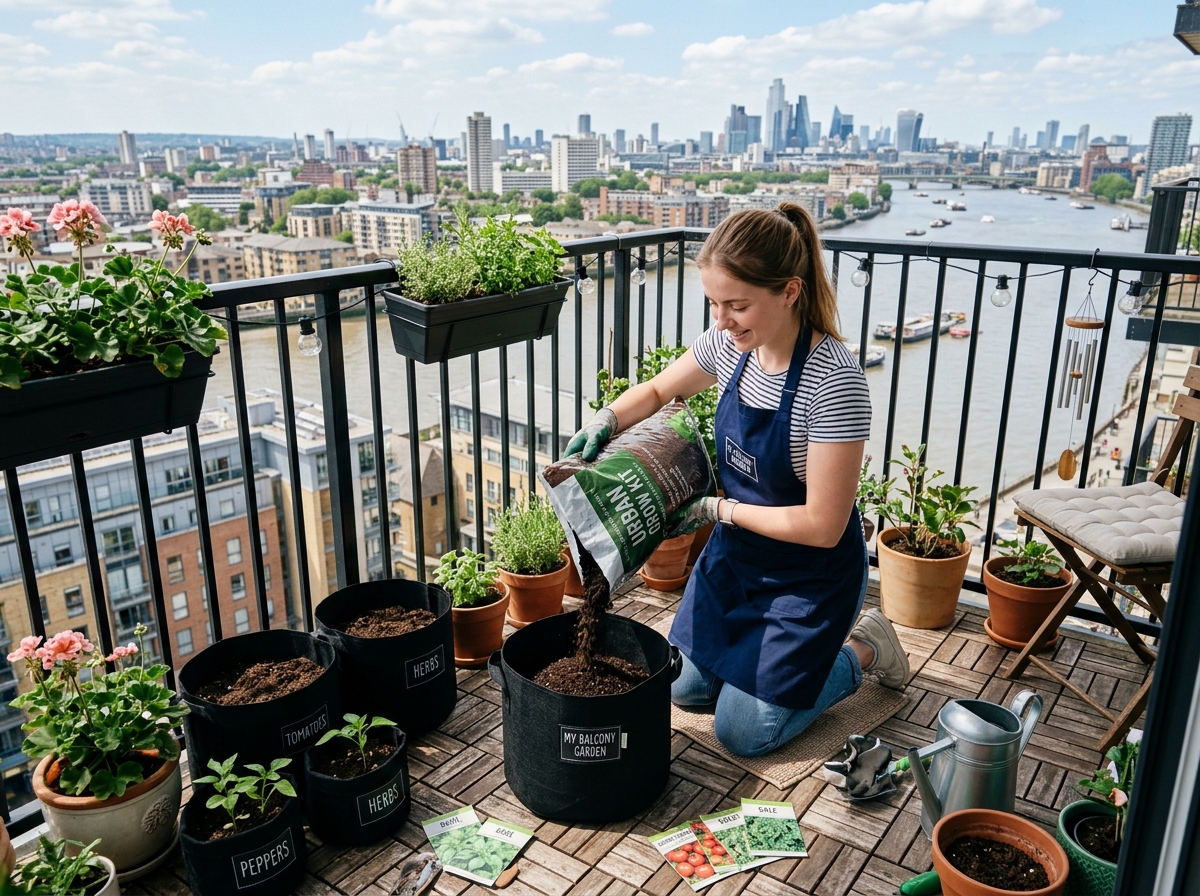person assembling a grow bag kit on a balcony - portable balcony garden kit person assembling a grow bag kit on a balcony - portable balcony garden kit