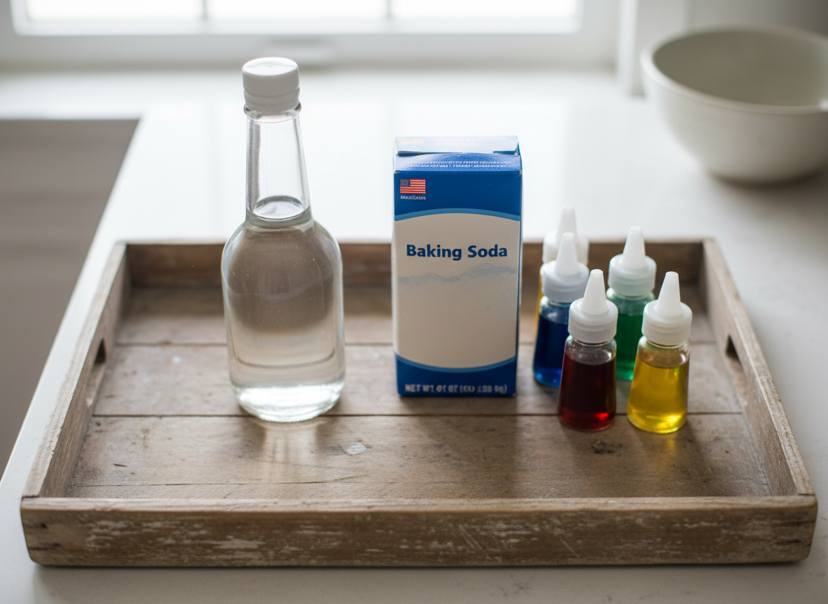 common kitchen supplies like vinegar, baking soda, and food coloring on a tray - easy at home science experiments for 5 year