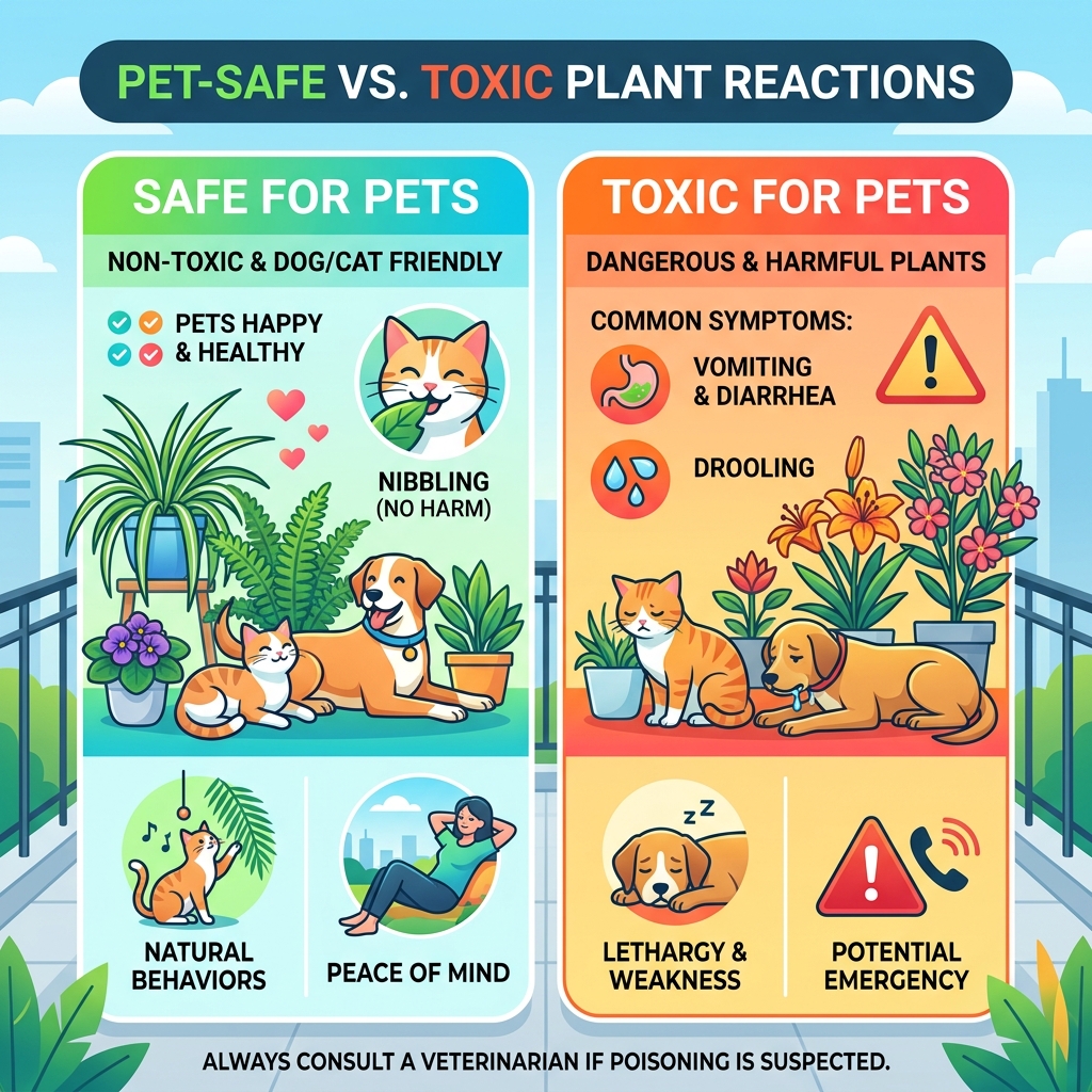 infographic showing pet-safe vs toxic plant reactions in cats and dogs on a balcony - pet friendly balcony plants