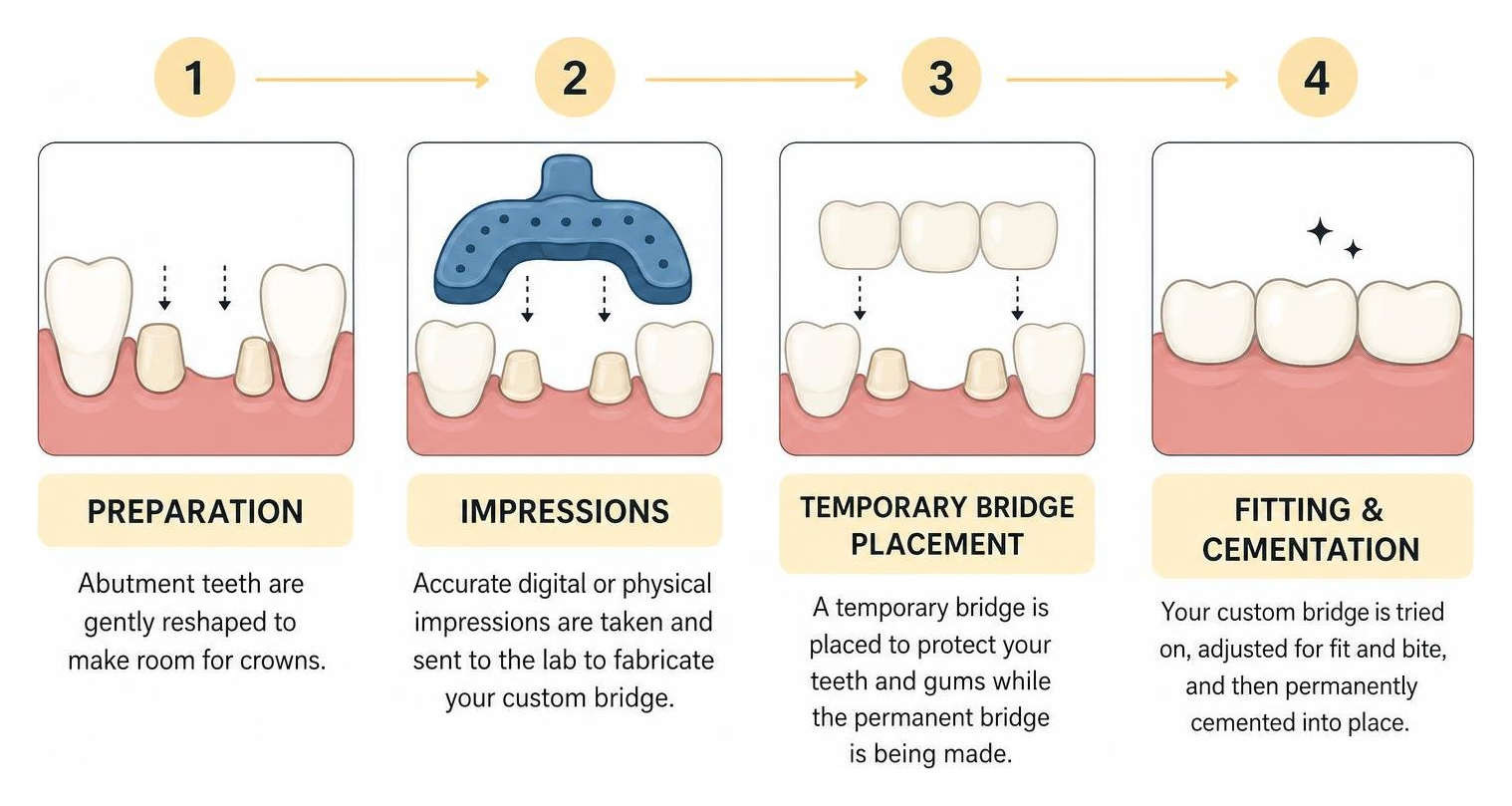step-by-step dental bridge procedure timeline from preparation to cementation