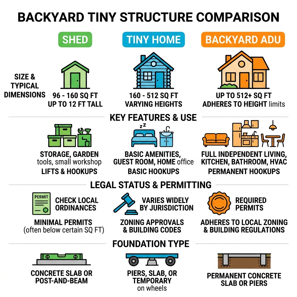 infographic comparing a shed, a tiny home, and a backyard ADU by size features and legal status - tiny home for backyard