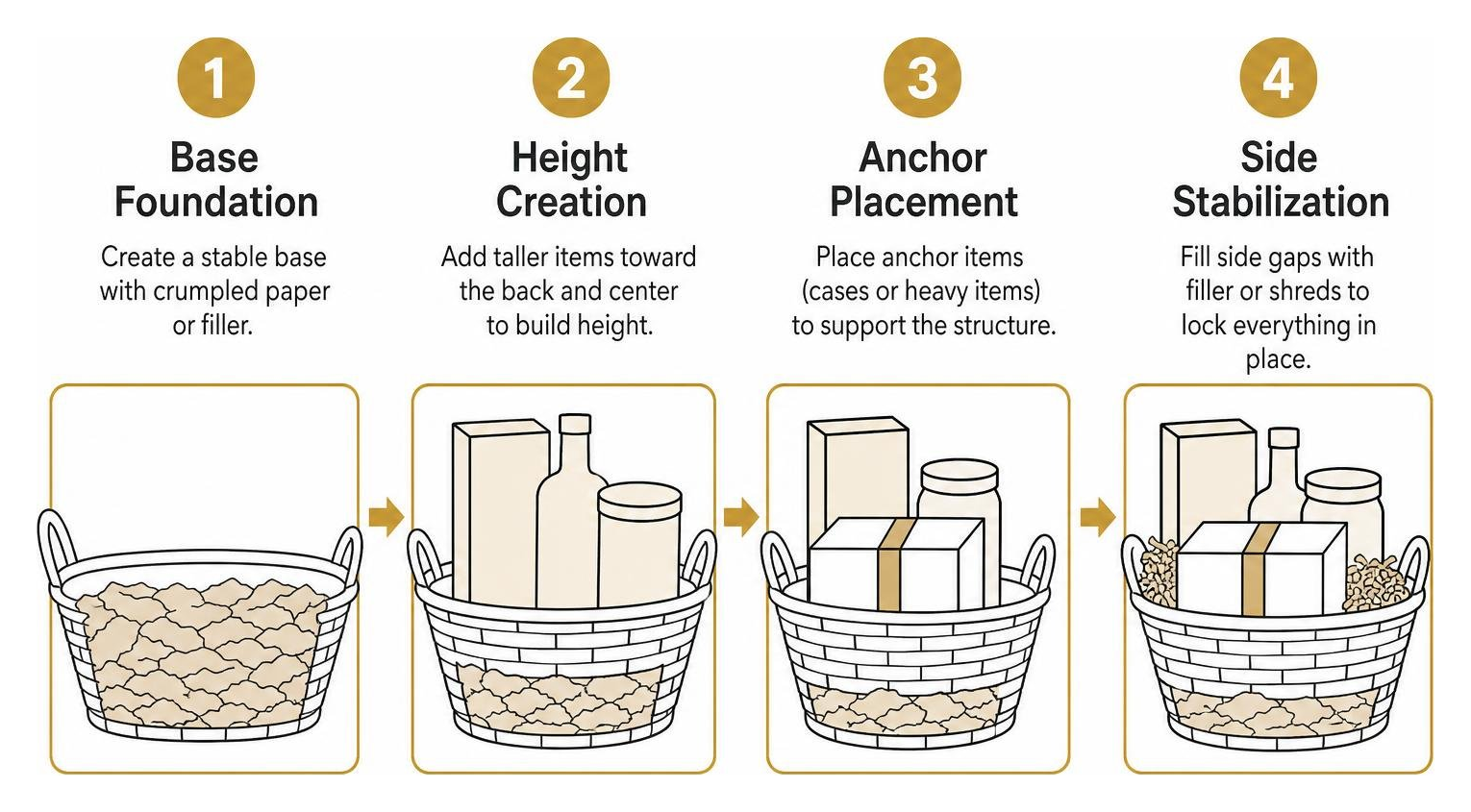 Step-by-step gift basket assembly process: base foundation, height creation, anchor placement, and side stabilization Step-by-step gift basket assembly process: base foundation, height creation, anchor placement, and side stabilization