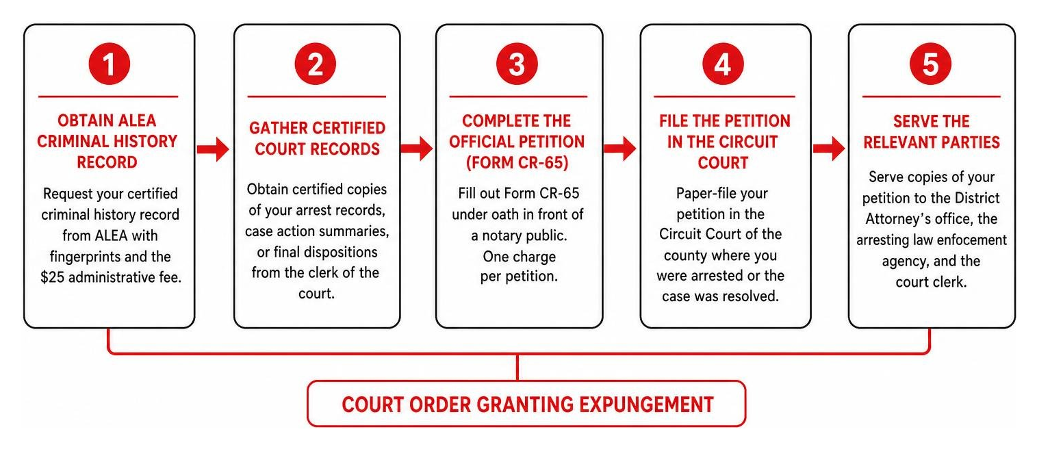 A visual workflow showing the step-by-step process from obtaining ALEA records to the final court order