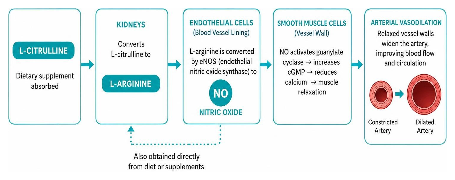 Nitric oxide production pathway from L-citrulline and L-arginine to arterial vasodilation
