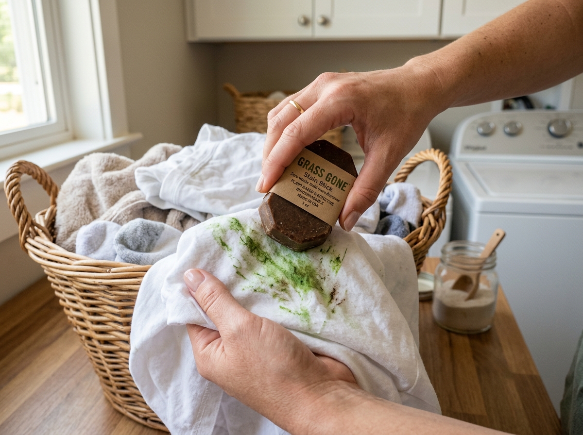 A zero-waste stain removal stick being applied to a fabric stain - eco friendly stain remover