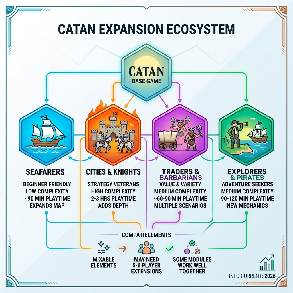 Catan expansion ecosystem compatibility and overview infographic - best catan expansions compared infographic 
