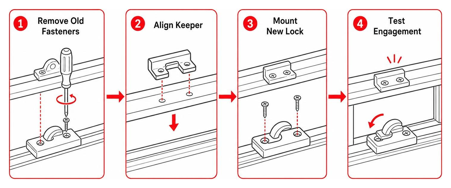 Diagram showing step-by-step installation flow: remove old fasteners, align keeper, mount new lock, and test engagement