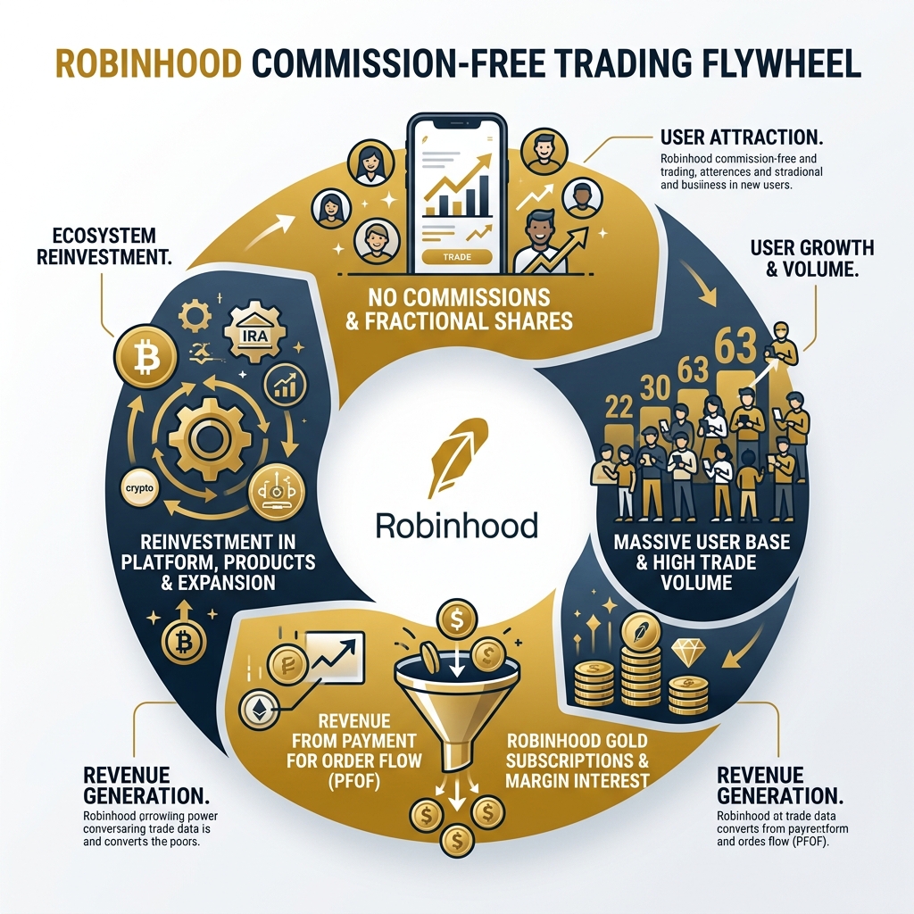 Infographic showing the Robinhood commission-free trading flywheel: no commissions attract users, PFOF and Gold