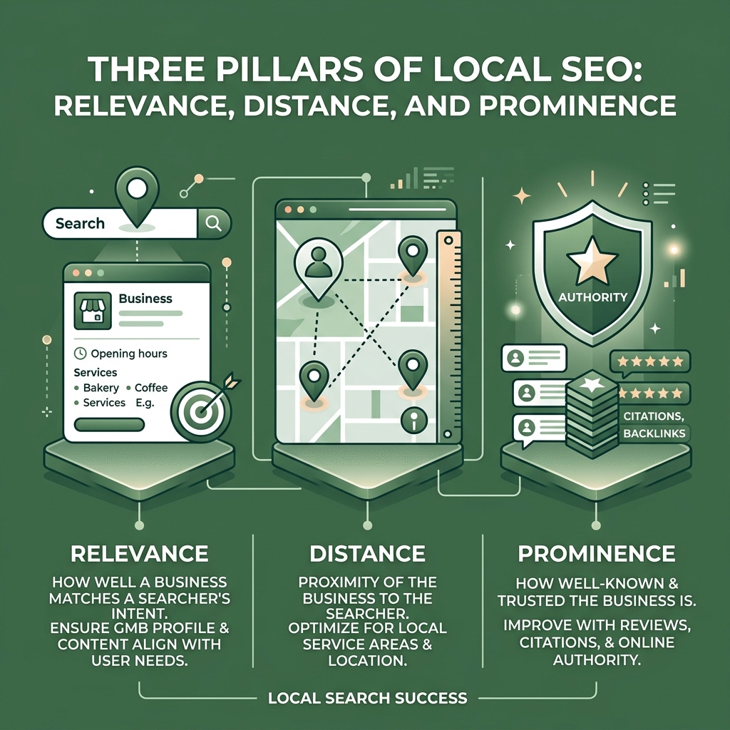 Infographic showing the three pillars of local SEO: Relevance, Distance, and Prominence - how to optimise website for google Infographic showing the three pillars of local SEO: Relevance, Distance, and Prominence - how to optimise website for google