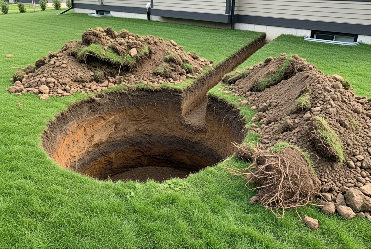 A large, round hole is dug in a residential lawn, surrounded by excavated soil. A narrow trench extends from the hole towards a house, indicating the path for the inlet pipe. - Dry well installation