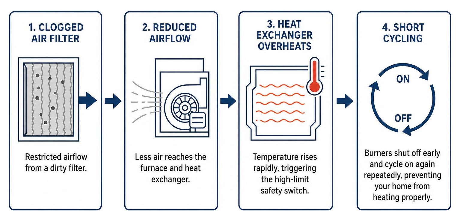 Clogged air filter causing heat exchanger overheating and short cycling