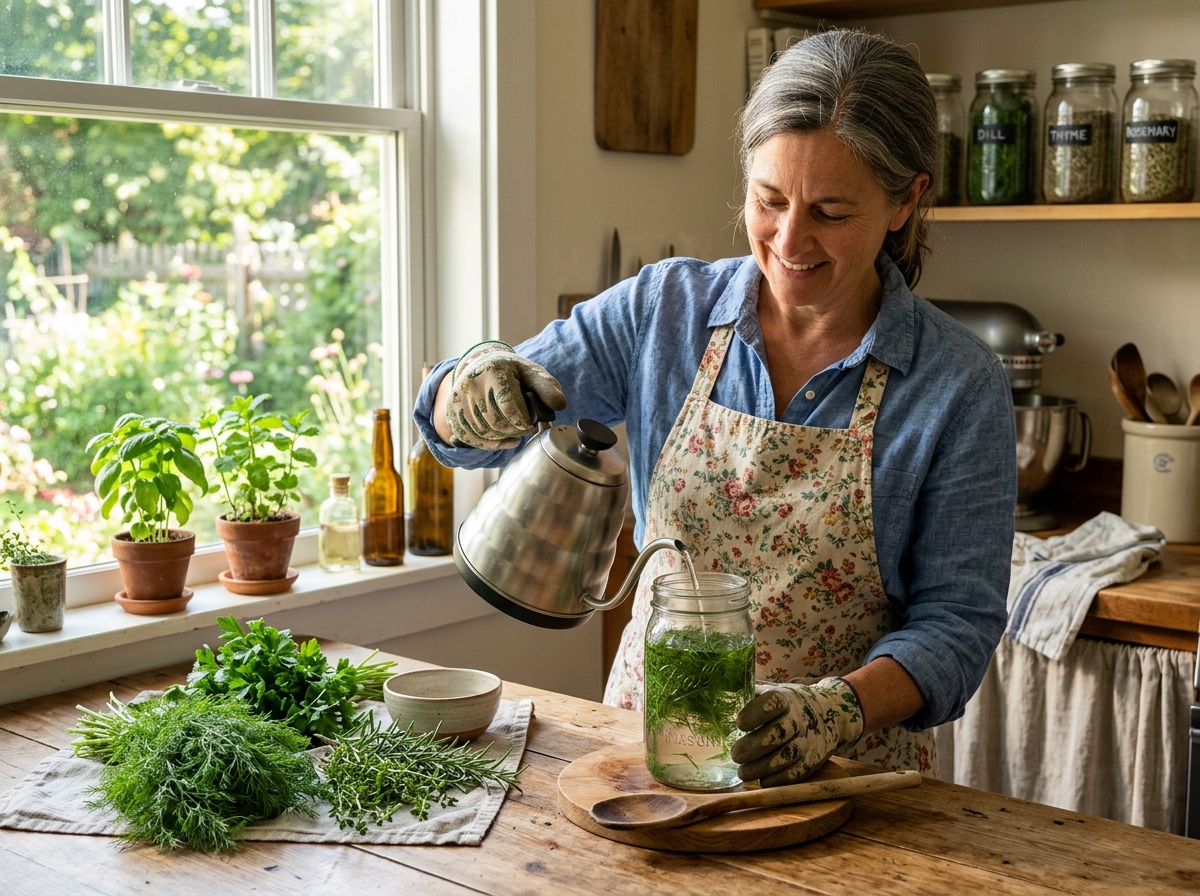 gardener preparing a homemade herbal infusion - natural dill pest killer gardener preparing a homemade herbal infusion - natural dill pest killer