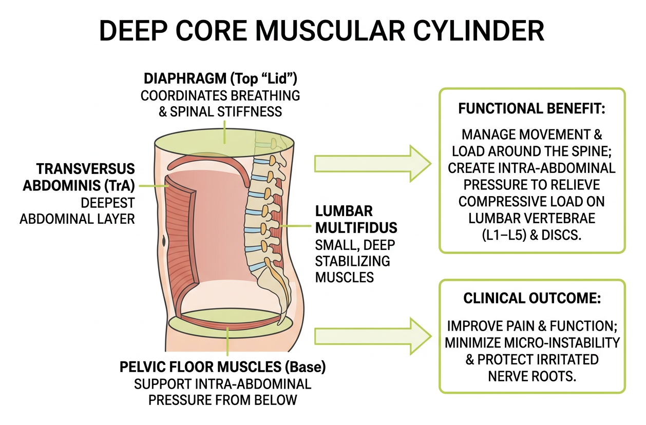 Deep core muscular cylinder illustrating transversus abdominis, multifidus, and pelvic floor