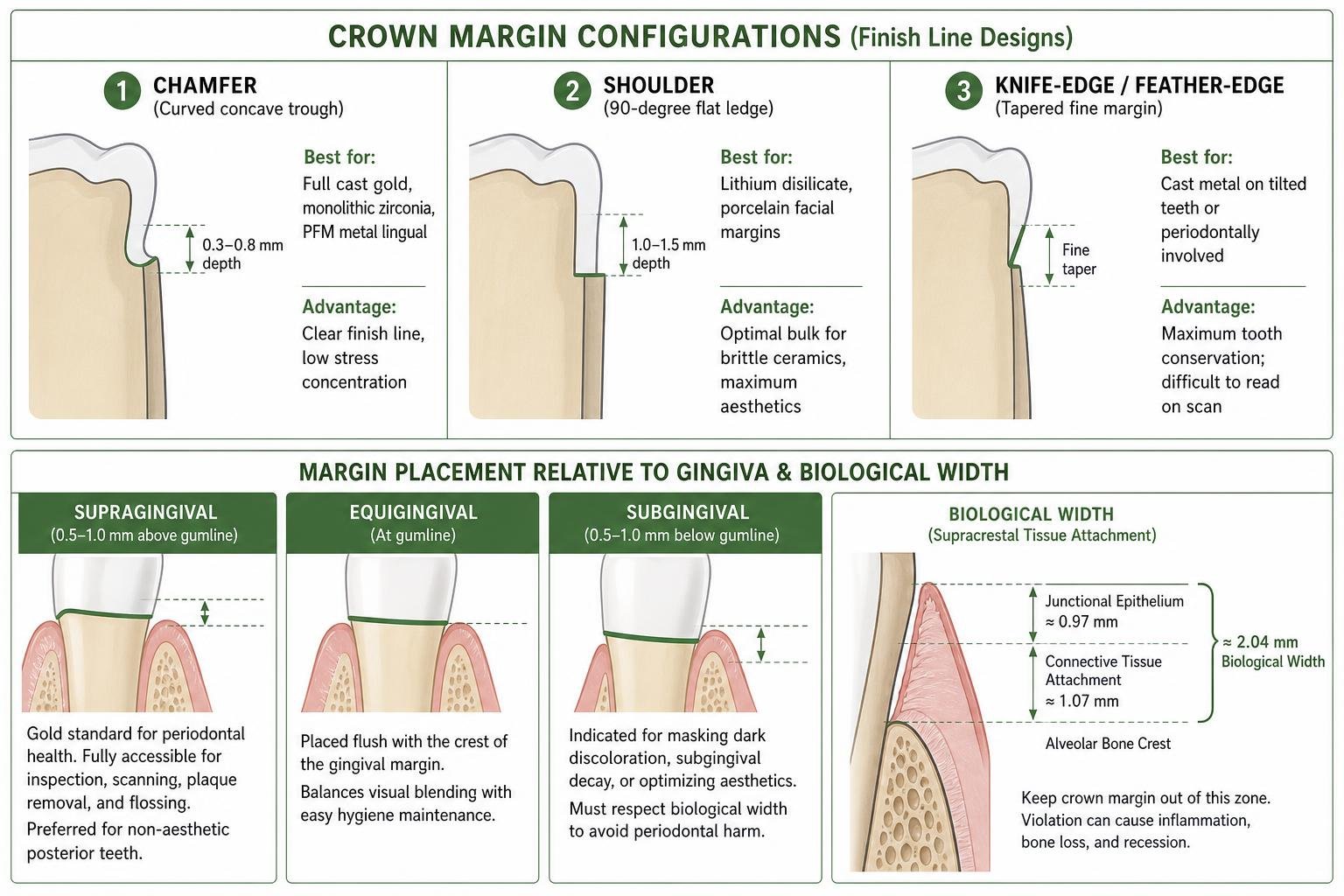 Diagram of dental crown finish lines and biological width relationships Diagram of dental crown finish lines and biological width relationships