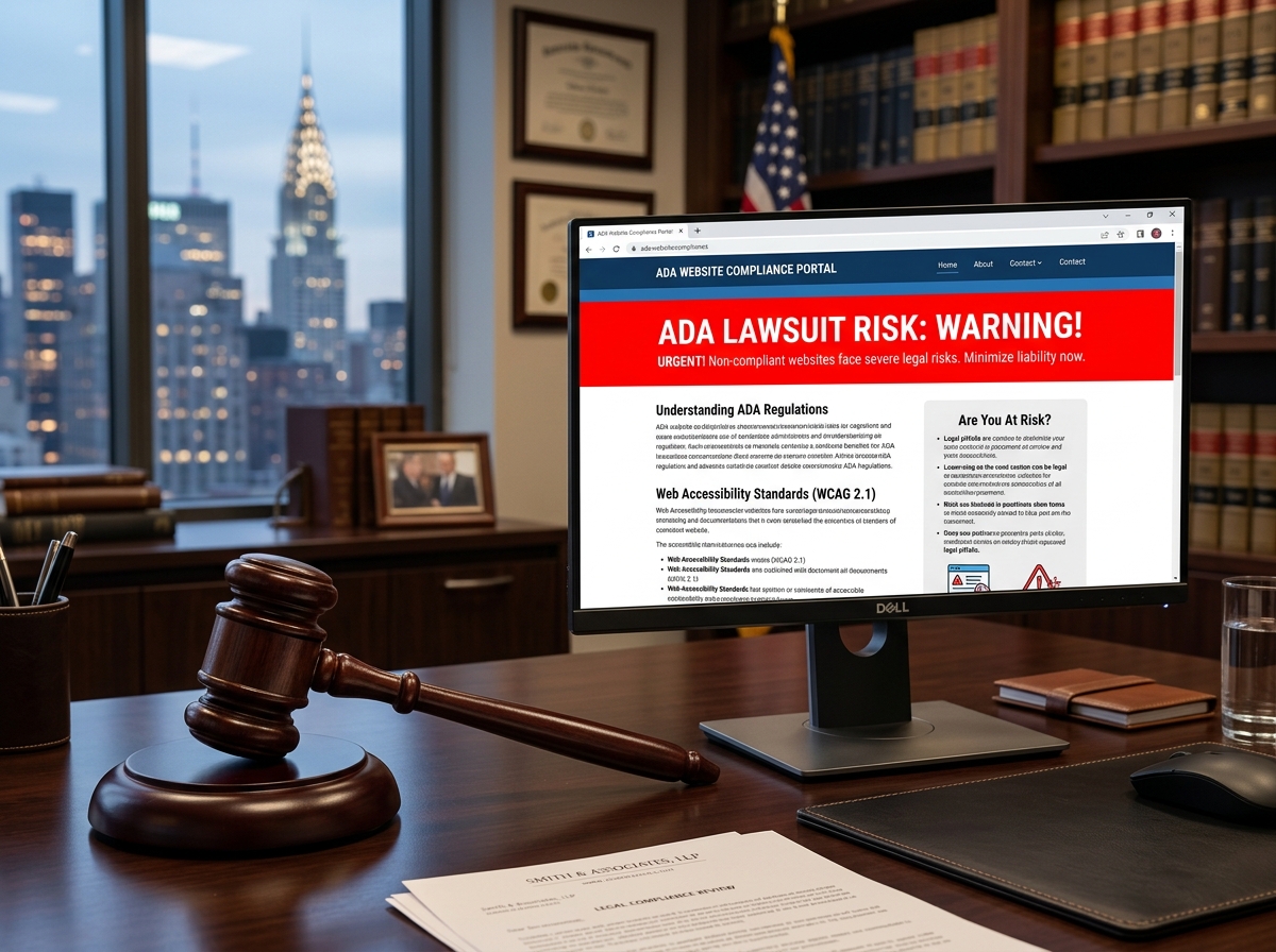 Legal gavel next to a computer screen representing ADA lawsuit risks - ada compliance companies Legal gavel next to a computer screen representing ADA lawsuit risks - ada compliance companies