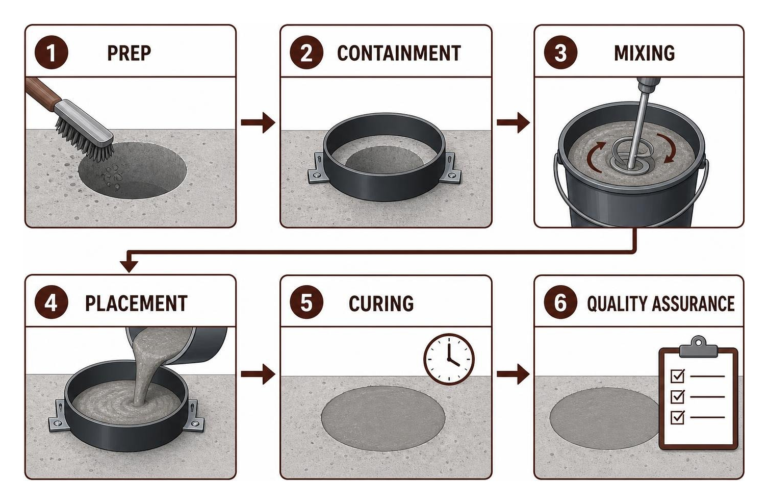 Core hole repair process: Prep, Containment, Mixing, Placement, Curing, Quality Assurance