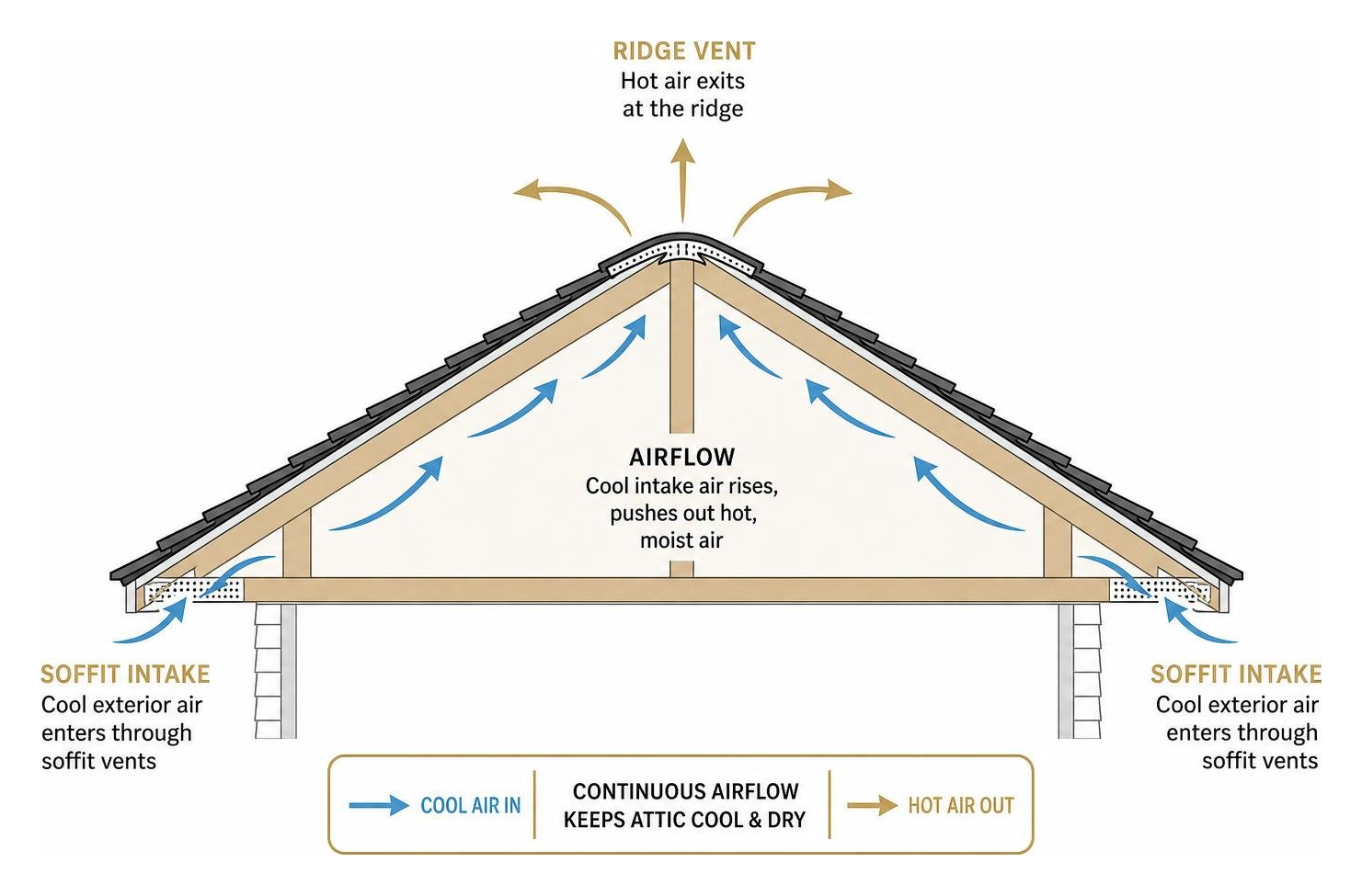 Attic ventilation airflow diagram showing soffit intake and ridge vent exhaust Attic ventilation airflow diagram showing soffit intake and ridge vent exhaust