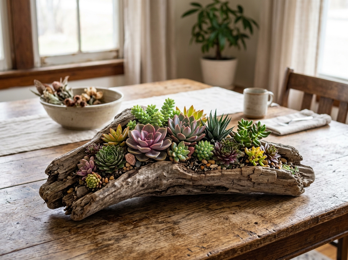 driftwood succulent planter on a rustic dining table - succulent plants table centerpiece